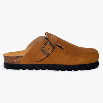 Dark Tan suede clog shoe with a buckle-up closure, adjustable strap, a flat cork insole and 15 mm heel height EVA outsole on a white background. Handmade in Spain